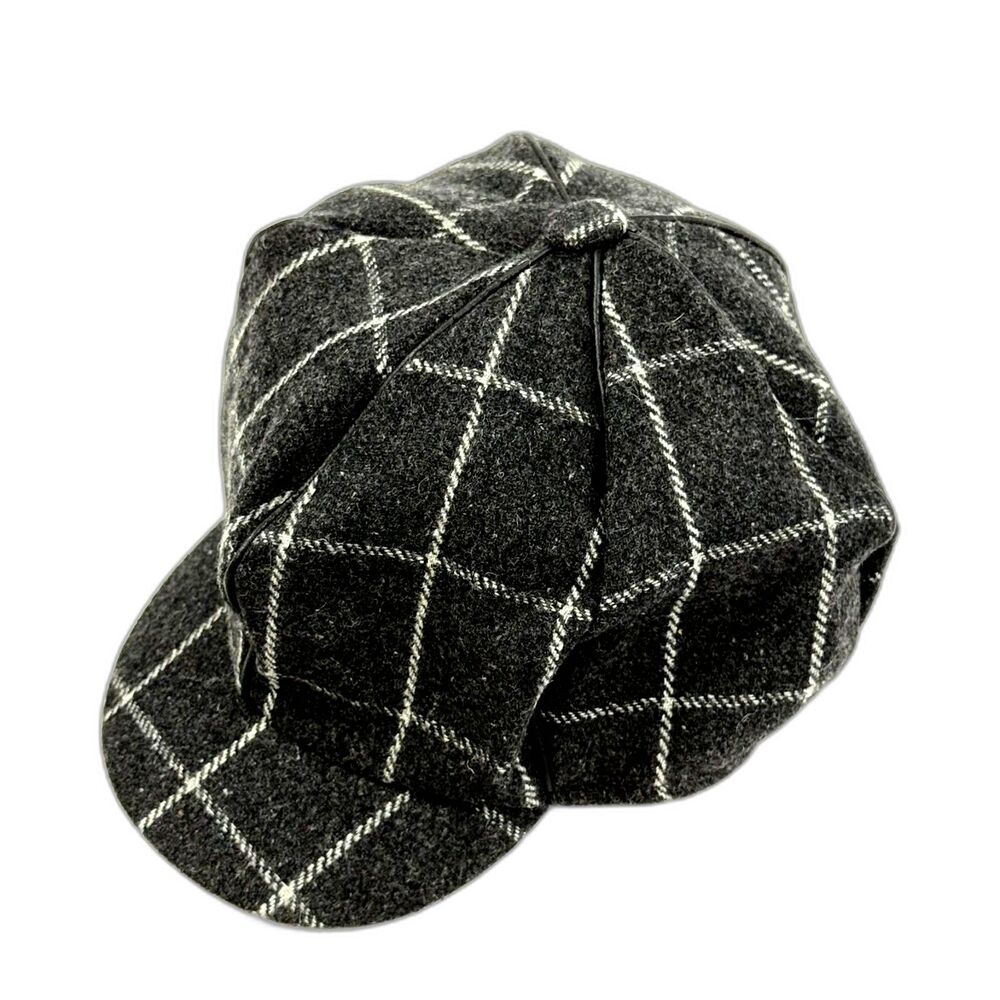 Unbranded Black White Plaid Windowpane Newsboy Cap Hat Ladies 57CM Wool